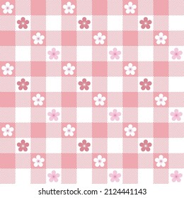 Pink checker pattern on white background. Pink and white flowers in square boxes pattern. Vertical and horizontal crossing lines on white background.
