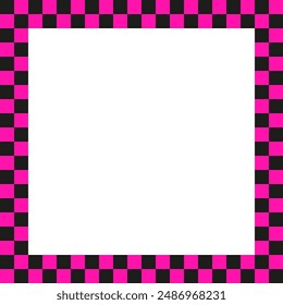 Pink checkerboard frame. Black and pink border. Square pattern design. Vector illustration.