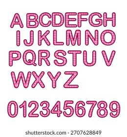 Pink checkered alphabet and number set with glowing effect transparency background