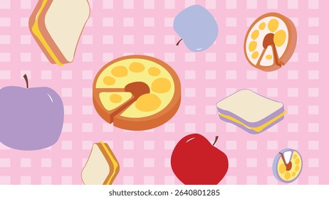 Pink checkered backdrop with apple shapes, sliced sandwiches, and round pies in a cheerful and sweet morning food concept.