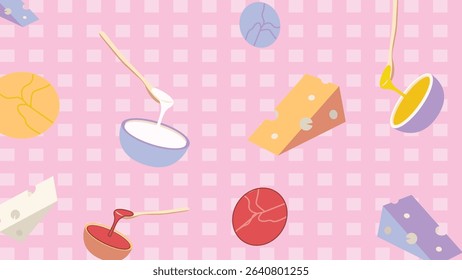Pink checkered backdrop with playful cheese wedges, sauce ladles, meatballs, and colorful dairy-themed breakfast elements.