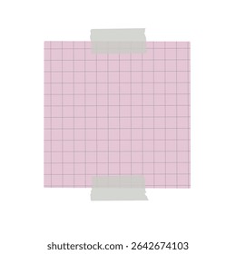 Pink checkered blank sticky note paper mockup with grey masking tape isolated on background. Vector illustration clipart. Office supply. Reminders, scrapbooking, digital planner design. Graphic object