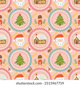 Pink checkered Christmas geometric seamless pattern. Winter holiday elements - Santa Claus, Christmas tree, gingerbread house, pets into chess circle elements. Cute wallpaper, repeat background, wrap.