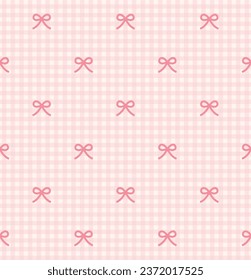 Pink checkered seamless pattern with little bows. Vector illustration.