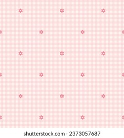 Pink checkered seamless pattern with little daisy flower. Vector illustration.