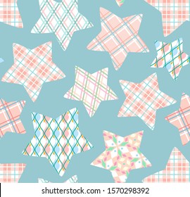 Pink checkered stars, seamless pattern, blue, vector. Pink checkered stars on a blue field. Vintage decor. Textile print. 