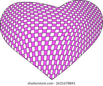 Pink checkered warped heart shape on black background with optical illusion grid effect representing modern love concept
