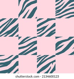 Pink Checkered Zebra Print Pattern. Vector Seamless Pattern