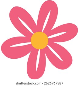 Pink cheerful cartoon flower with five petals and yellow center, perfect for spring, garden themes, and children’s illustrations.
