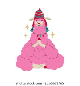 Pink cheerful llama decorated with traditional South American decorative elements meditates in lotus position. Cute characters for children's t-shirts and posters. Vector illustration 