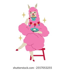 Pink cheerful llama decorated with traditional South American decor elements drinks tea sitting on a chair. Cute characters for children's t-shirts and posters. Vector illustration 