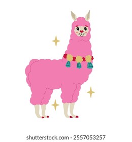 Pink cheerful llama decorated with traditional South American decorative elements. Cute characters for children's t-shirts and posters. Vector illustration isolated on transparent background.