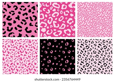 Pink Cheetah Seamless Patterns Collection. Leopard Backgrounds Pack. Animal Print Digital Papers Wallpapers Set, Vector illustration