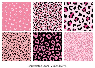 Pink Cheetah Seamless Patterns Collection. Leopard Backgrounds Pack. Animal Print Digital Papers Wallpapers Set, Vector illustration