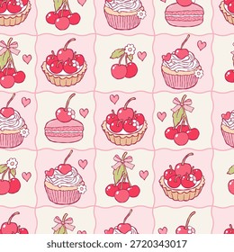 Pink Cherries Dessert Seamless Pattern, Cherry Cupcake Love Digital Paper, Spring Cherry Cream Cheese Pies Valentine Treat Repeat Pattern Design Vector