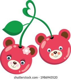 Pink cherries fruit shaped teddy bear faces