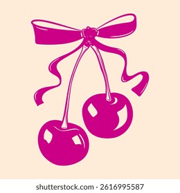 Pink Cherries with Ribbon Bow Vector – Cute Vintage Fruit Illustration in Retro Tattoo Style
