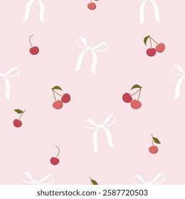 pink cherries  and white bows seamless pattern , vector , illustration