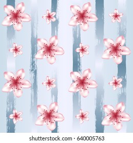 Pink cherry, apple, peach flowers and blue paint brush stroke stripes seamless vector pattern, spring background. May tree blossom elements and sky color vertical lines on white. Repeating ornament.