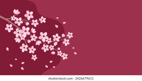Pink cherry blossom branch with falling petals on a red burgundy background, copy space. Vector illustration in flat style