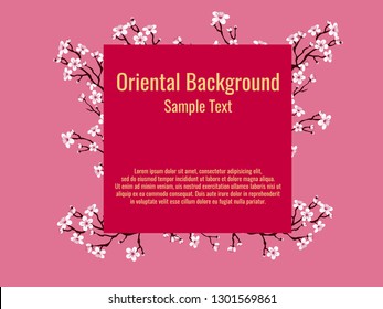 Pink cherry blossom branches background. Oriental style. Eastern backdrop. Vector illustration