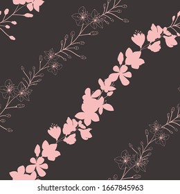 Pink Cherry blossom in diagonal compositions on brown background. Seamless vector pattern.