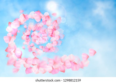 Pink cherry blossom 
with falling leaves on blue sky background. Spring composition with sakura. Vector illustration