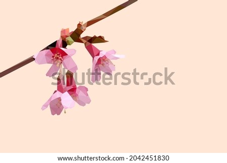 Pink cherry blossom flower wallpaper on pastel background. Purple sakura flora plant geometric banner graphic. Purple low polygon backdrop, magenta floral polygonal crystal style illustration.