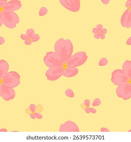 Pink Cherry Blossom Flowers and Petals on a Soft Yellow Background Seamless Pattern