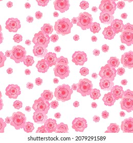 Pink Cherry blossom flowers. Seamless pattern with japanese spring sakura on white. Flat design for wedding, Valentines day, mother's day, flowers wallpaper, textile. Vector romantic illustration