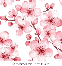 Pink cherry blossom flowers, a seamless pattern on a white background,  watercolor flower seamless pattern. Watercolor print in rustic vintage style, textile or wallpapers.