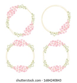 pink cherry blossom flowers wreath with golden frame collection with copy space