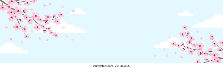Pink cherry blossom frame on a blue background with copy space. Banner with sakura branches and clouds. Vector illustration in flat style