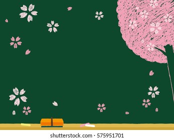 Pink Cherry blossom hand drawing lettering isolated on blackboard texture with chalk rubbed background. Vector illustration.