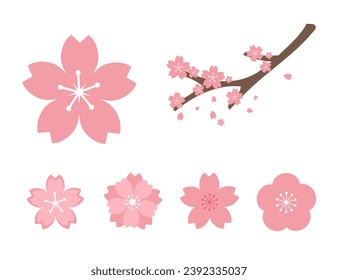 Pink cherry blossom illustration set. elements of Japan, plants, spring, cute, etc