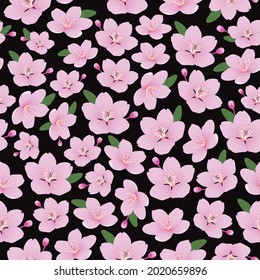 Pink Cherry Blossom Japan Modern Style With Black Background Of Seamless Surface Pattern For Fabric, Textile, Kimono, Stationary, Fashion Design Print, Apparel, Clothing, Wallpaper, Dress.