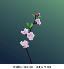 Pink Cherry blossom on a green background Vector illustration with leaves and branches.