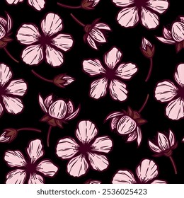 Pink cherry blossom pattern. Cherry blossoms on a black background. Suitable for wrapping paper, fabric.