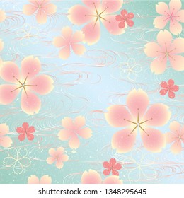 Pink cherry blossom pattern vector. Flower background with hand drawn wave pattern. Asian floral textile.