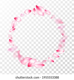 Pink cherry blossom petals isolated on transparent background. Oriental composition. Floral natural blossom soft petals illustration. Flying sakura flower parts spring wedding vector.