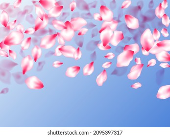 Pink cherry blossom petals isolated on blue sky background. Flying sakura flower parts spring wedding vector. Pastel rose color apple flower petals design. Postcart background.