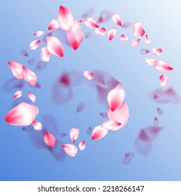 Pink cherry blossom petals isolated on blue sky background. Flying sakura flower parts spring wedding vector. SPA beauty illustration of sakura bloom petals. Delicate spring vector.