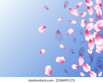 Pink cherry blossom petals isolated on blue sky background. Blur effect bloom parts. Floral natural blossom soft petals illustration. Flying sakura flower parts spring wedding vector.