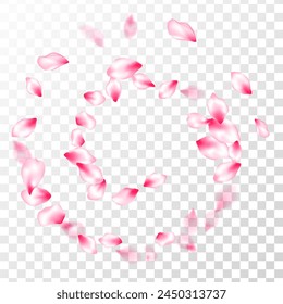 Pink cherry blossom petals isolated on transparent background. Fresh blowing backdrop. Pastel pink blossom petals floral design. Flying sakura flower parts spring wedding vector.