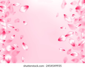 Pink cherry blossom petals isolated on rose color background. Flying sakura flower parts spring wedding vector. Realistic peach flolwer petals natural decor. Blur effect bloom parts.