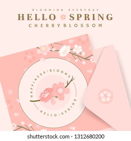 Pink cherry blossom postcard template vector