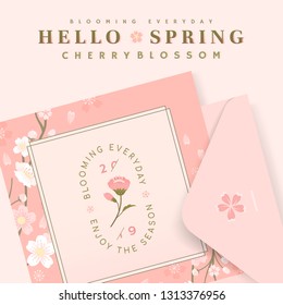Vector de plantilla de postcard con flor de cerezo rosa