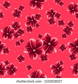 Pink cherry blossom seamless pattern for spring, oriental and hawaiian prints. Hibiscus or tropical pensie, japanese landscape vector.