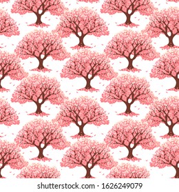 Pink cherry blossom tree or cherry tree background. Japanese sakura pattern background. Asian spring floral tree pattern background. Great for wallpaper, gifts, textile, card, packaging design. 