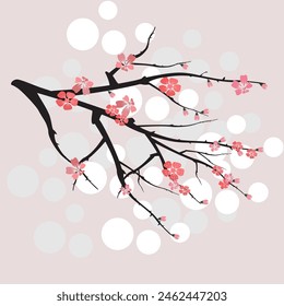 pink cherry blossom tree illustration, Includes designs of stem, blooms, petals, and buds. Japanese cherry blossoms